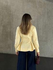 Women Fall Fashion Elegant Casual Yellow Collared Long Sleeve Shirt For Office Work Going Out Daily - Yellow - View 3