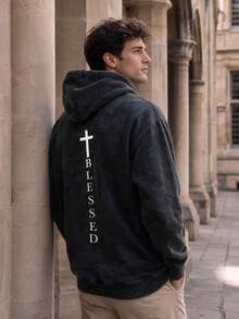 Men's Black Washed Distressed Hoodie, Vertical Cross BLESSED Minimalist Faith Loose Fit Sweatshirt - Black - View 1