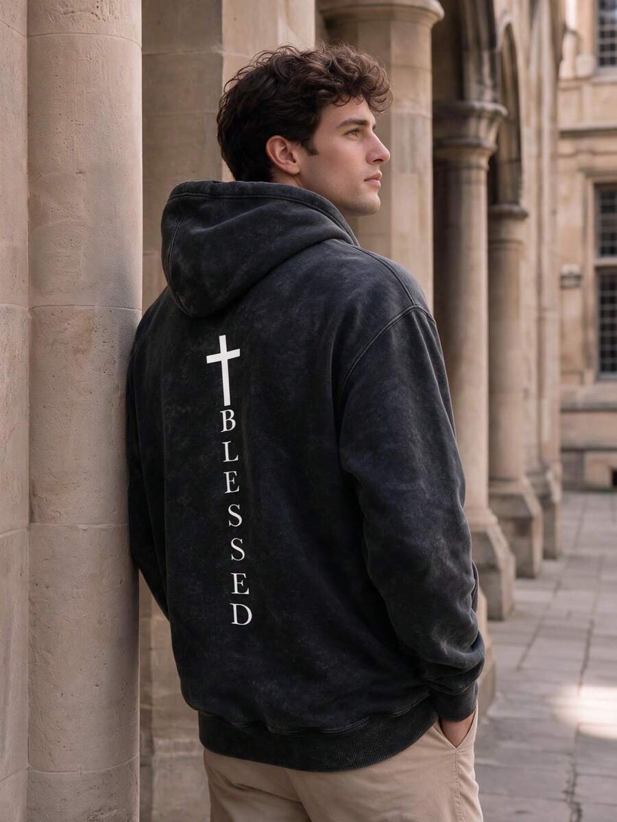 Men's Black Washed Distressed Hoodie, Vertical Cross BLESSED Minimalist Faith Loose Fit Sweatshirt - Black - View 1