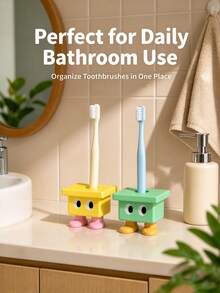 Cute Cartoon Little Stool Shape Toothbrush Holder, Small Square Toothbrush Stand With Big Eyes, Creative Bathroom Countertop Toothbrush Storage Rack, Desktop Decorative Toothpaste Organizer, Bathroom Accessory Gift - Multicolor - View 6