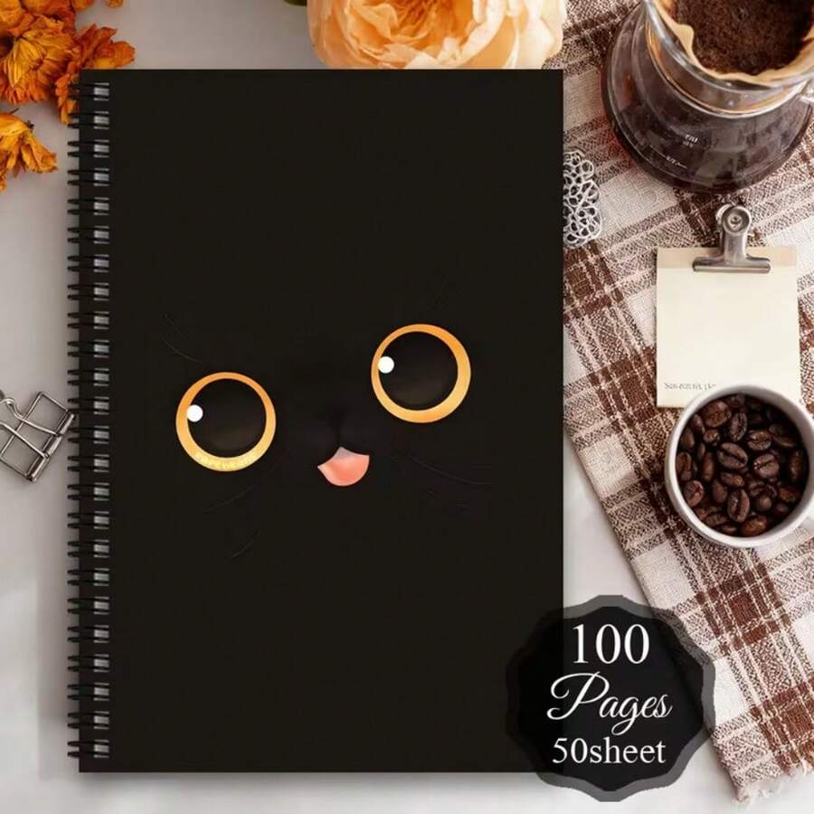 1pc A Stylish Cat-Themed Spiral Notebook - A Humorous Planner For Pet Enthusiasts, Featuring An Adorable Black Cat Cartoon Design, Perfect As A Birthday Present For Female Or Sisters, And A Great Back-To-School Gift For Note-Taking - One Book (50 Pages, 100 Pages) - View 1