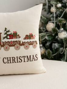 1pc Christmas Train Embroidered Pillow Case, MERRY CHRISTMAS Pillow Cover, Suitable For Indoor Decoration, Christmas Decoration, All-Season Pillow Case, Without Insert - Multicolor - View 6
