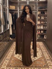 Elegant Casual Party Vacation Wedding Formal Evening Batwing Sleeve Party Date Dress - Brown - View 2
