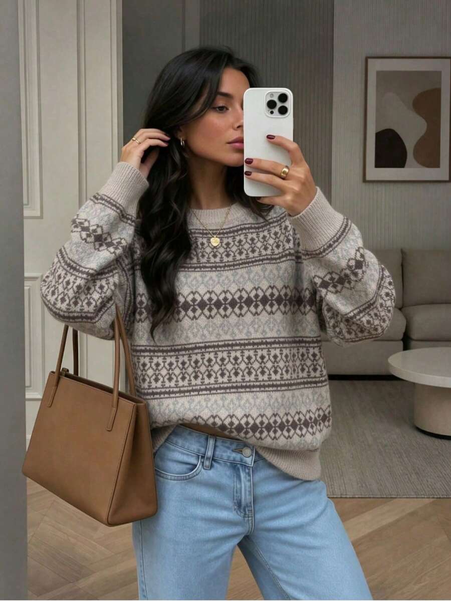 Plus Size Women's Vintage Fair Isle Pattern Sweater, Round Neck Long Sleeve Loose Fit, Casual Retro Autumn/Winter - Grey - View 1