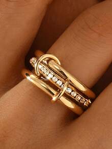 1 buah Cincin Wanita Berlapis Berlian Imitasi, Desain Rantai Indah, Dapat Ditumpuk, Tahan Air, Tahan Pudar, dan Hipoalergenik, Tersedia Dua Warna Emas dan Perak, Aksesori Dekoratif Minimalis Mewah untuk Perjalanan Sehari-hari - Emas - View 1