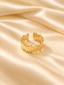 French Vintage Luxury High-End Geometric Vertical Striped Textured Asymmetrical Edge Open Ring For Women, INS Style Unique Niche Versatile Stackable Jewelry Finger Ring - Gold - View 6