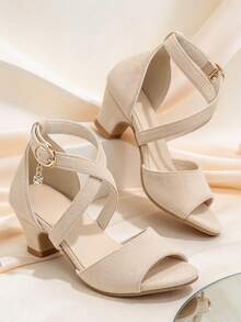 1 Pair Girls Chunky Heel Sandals, Matte PU Cross-Woven Decor, Round Toe Open Toe Flat Non-Slip Design, Simple Versatile Classic Elegant High Heel Sandals Suitable For Daily Campus And Party - Apricot - View 7