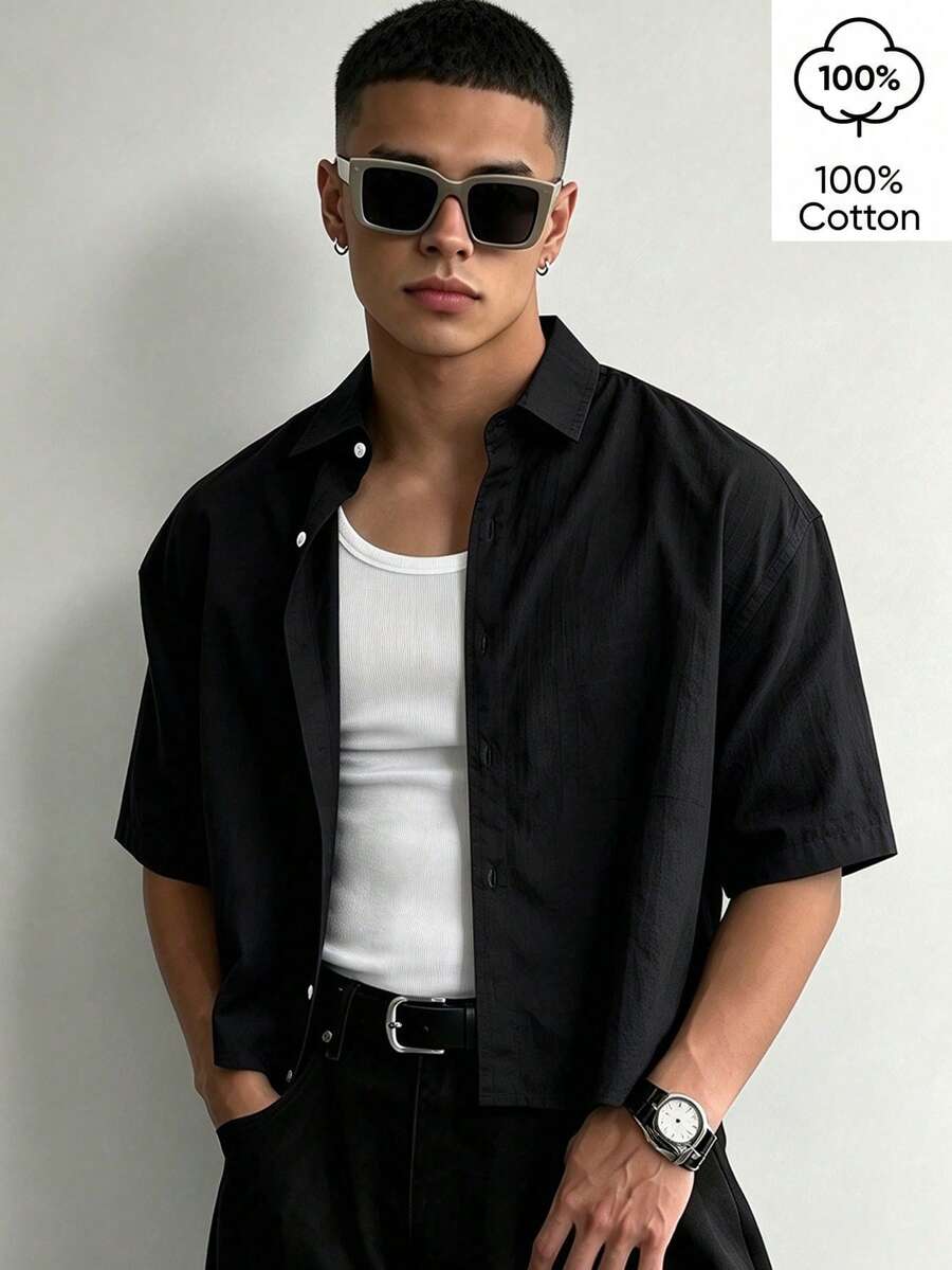 WAIT HIM 100%純棉男士休閒短袖素色襯衫 - 黑色 - 查看 1