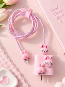 1 Set Cartoon Rabbit Data Cable Protector, Spiral Tube Anti-Breakage Anti-Drop, Cute Girl Phone Accessory, Ins Style Data Cable Protector Compatible With Apple 18W/20W PD Fast Charging, Creative Gift For Girls - Pink Rabbit - View 2