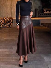 Women's Autumn/Winter Solid Color High Waist Elegant Fashion Patchwork Faux Leather Design Versatile Retro Elegant Drape Commute A-Line Umbrella Skirt - Coffee Brown - View 5