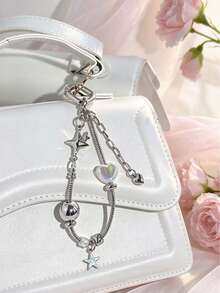 1pc Silver Star & Heart Beaded Keychain Phone Charm Bag Pendant DIY Snake Chain Pendant - Silver - View 1