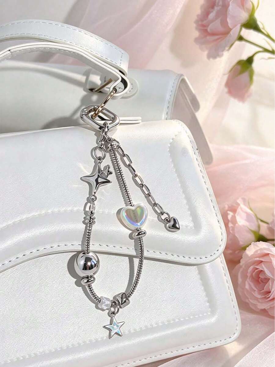 1pc Silver Star & Heart Beaded Keychain Phone Charm Bag Pendant DIY Snake Chain Pendant - Silver - View 1