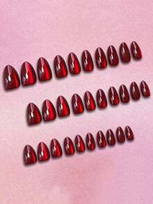 30pcs Premium Purple-Red Teardrop Shaped Nail Stickers, Fashion Luxury Decorative Nail Product, Suitable For Daily Wear, Easy To Remove And Reapply - Red - View 3