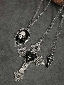 5pcs Vintage Gothic Style Rose, Heart, Cross, Skull, Gemstone, Coffin, Bat, Star Men's Necklace Set - Silver - View 14