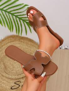 Brown Slide Sandals, Chic Faux Leather Open Toe Slippers With Hollow Cutout Strap, Casual Summer Footwear For Beach Vacation & Daily Party - Brown - View 3