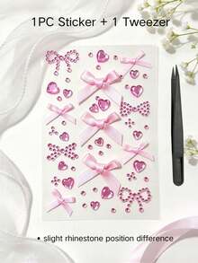 1pc Red Pink Bow Heart Rhinestone Decor Sticker With Tweezers, 3D Self-Adhesive Girly Style Rhinestone Sticker, Laptop Decor Sticker, Phone Decor Sticker, Luxury Elegant 3D Satin Bow With Heart-Shaped Rhinestone Design, Self-Adhesive Easy To Apply, Suitable For Phone, Laptop, Camera, Earphone, Greeting Card, Digital Shell, Gift Box, Container, Craft Decoration - one-size - View 13