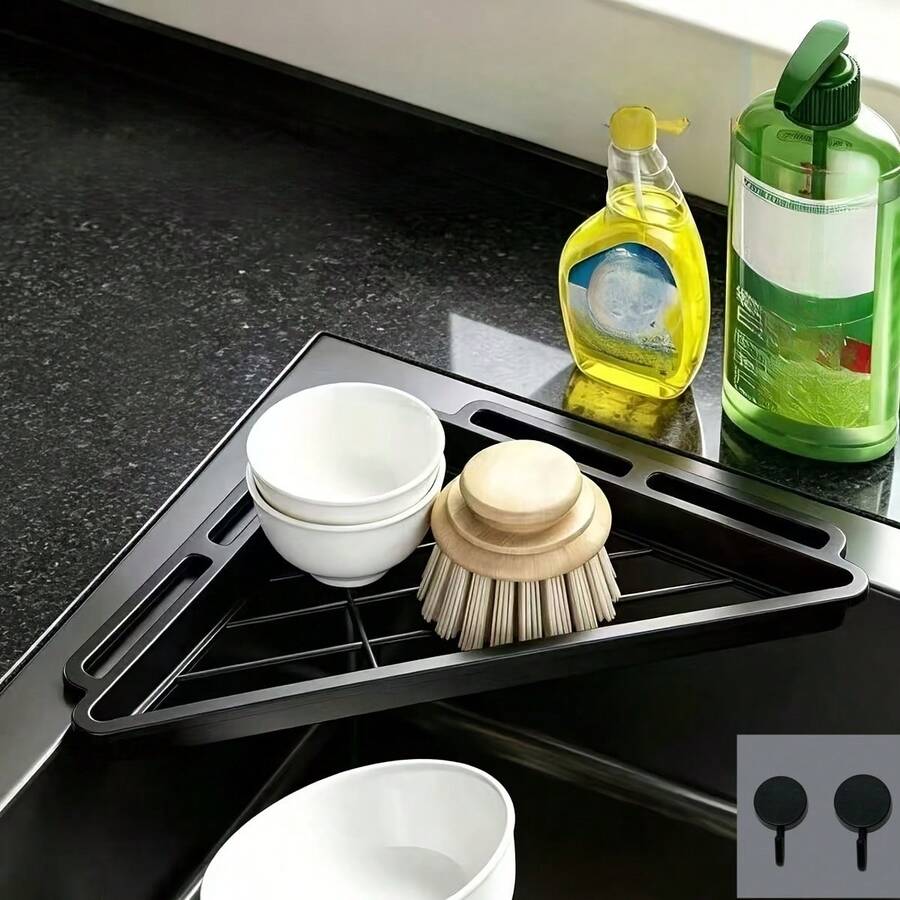 Kitchen Sink Triangle Drain Rack + 2 Hooks, Kitchen Storage Rack, No-Drill Installation ABS Cloth, Sponge Drain Rack Storage Rack, Multi-Function Drain Rack (Black, Gray, White) - Multicolor - View 1