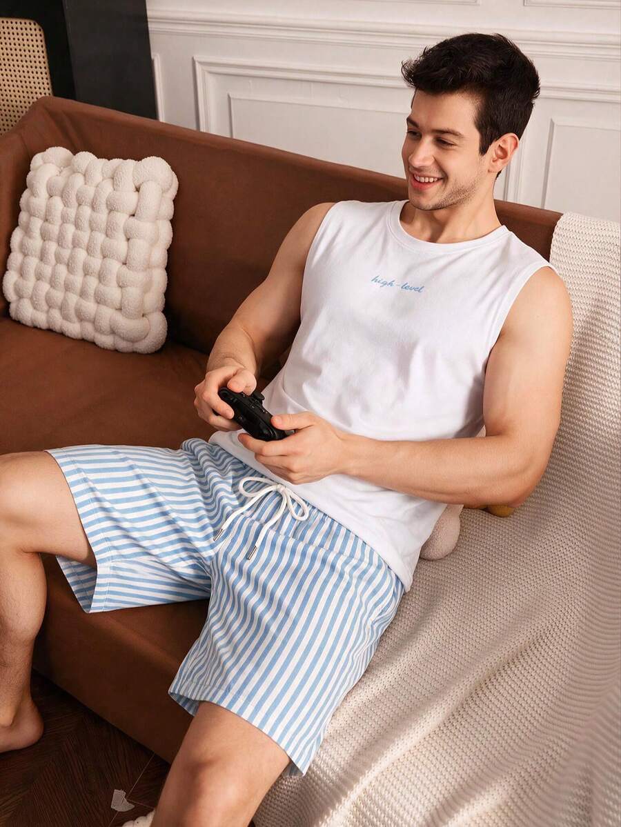 Men's Summer Crew Neck Casual Tank Top And Casual Shorts Loungewear Set - White - View 1