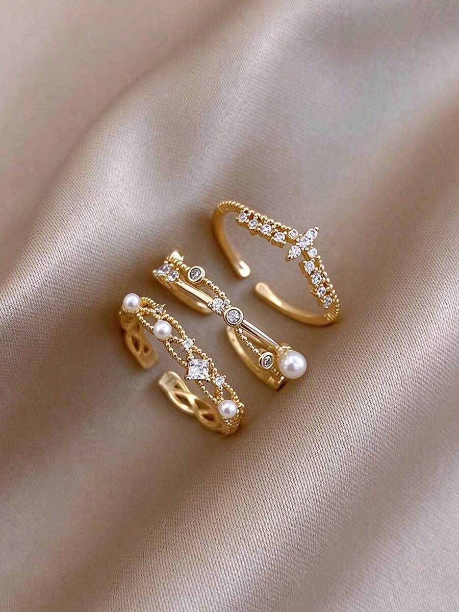 3pcs Copper Material French Luxury Fashion Elegant Exquisite Versatile European & American Faux Pearl Cross Geometric Open Adjustable Ring Set Suitable For Women's Daily, Holiday, Commute Wear - Gold - View 1