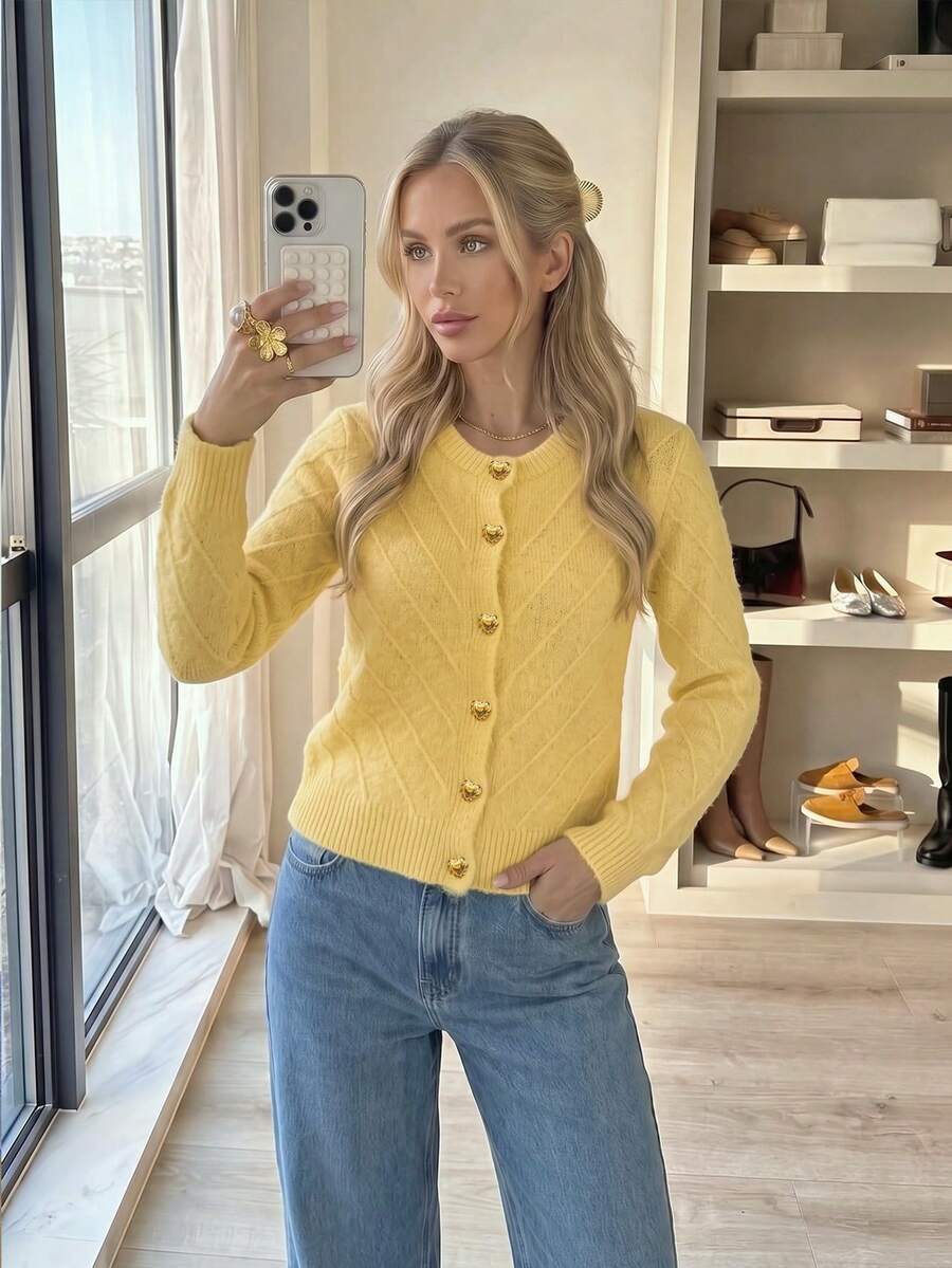 Women's Yellow Diagonal Ribbed Knit Cardigan, Round Neck Heart-Shaped Button Sweater, Soft Fuzzy Jacket, Sweet Commute & Date Style, Suitable For Autumn/Winter
