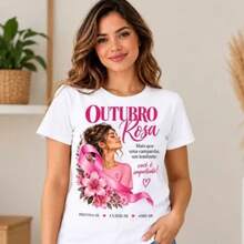 Blusa camiseta feminina OUTUBRO ROSA, LAÇO FLORES, PREVENÇÃO, VIDA MULHER tshirt  plus size - Rosa chiclete - Visão 4