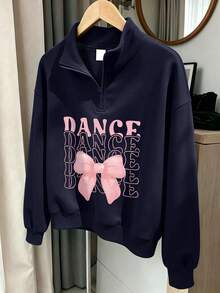2pcs/Set Tween Girls Half-Zip Polo Collar Letter Print Bow Sweatshirt & Casual Wide Leg Pants, Comfortable Autumn/Winter Outfit - Navy Blue - View 3
