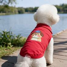 1pc Red Sleeveless Pet Polo Shirt, Cartoon Puppy Wearing Hat Print Dog Vest, Breathable Summer Puppy Clothes, Suitable For Small Dogs Bichon Teddy - Red - View 7