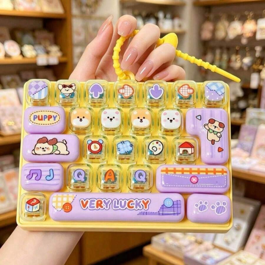 1pc Transparent Button Stress Relief Toy, Pink Handheld Cute Cartoon Decompression Keyboard Keychain Pendant - Multicolor - View 1