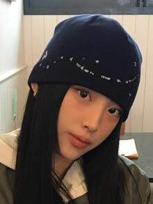 1PC Autumn/Winter New Korean Style Minimalist Star & Letter Embroidered Knit Beanie, Unisex Warm Streetwear Skull Cap - Multicolor - View 5