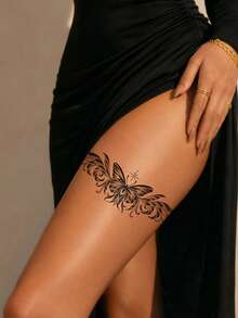 1pc Y2K Style Bow Tattoo Sticker, Bow Pattern, Floral Print, Disposable Fake Tattoo, Gothic Style Temporary Tattoo Sticker, Waterproof And Sweat-Proof, Washable, No Reflection Effect, Simulates Tattoo Effect On Arms, Legs, Shoulders, Chest, Back, Suitable For Fashion-Forward People, Lasts 3 To 5 Days - Black - View 3