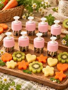 Bright 3/5/8pcs Stainless Steel Fruit Cutter Set With Plastic Press Handle, Pastoral Pink Mini Flower, Heart And Star Shaped Cookie Cutters, Suitable For Fruit, Vegetables, Bento Lunch And Home Baking - Multicolor - View 6