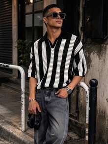 WAIT HIM Men's Casual Striped Short Sleeve Knit Top - Black and White - View 9