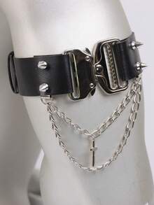 Men's Black PU Leather Gothic Punk Arm Band With Metal Quick Release Buckle, Spiked Rivets, Chain And Cross Pendant, Dark Rock Halloween Cosplay Costume Accessory - A - View 2