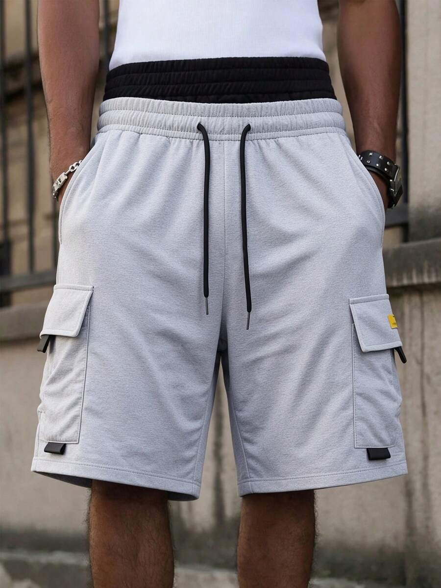 Men's Solid Color Cargo Shorts With Pockets And Drawstring Waist, Comfortable Elastic Waist Multi-Pocket Casual Shorts For Daily, Sports And Outdoor Wear - Grey - View 1