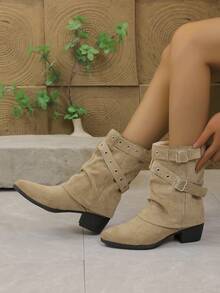 Women's Vintage Western Cowboy Boots, Faux Suede Ruffled Mid-Calf Design, Multi-Buckle Pointed Toe Low Chunky Heel Street Casual Boots - Khaki - View 2