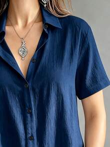 Casual Basic Plus Size Women's Button-Up Short Sleeve Shirt Blouse - Blue - View 4