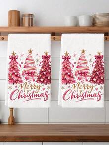 2pcs Pink Christmas Tree Printed Kitchen Towels, Polyester Hand Towels With Christmas Pattern, Super Soft Woven Dishcloths, Machine Washable, Ideal For Restaurant, Kitchen, Christmas Holiday Decoration And Gifting - Multicolor - View 1
