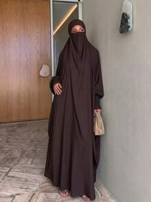 1pc Women's Long Sleeve Abaya With Hood - Dark Brown - View 1
