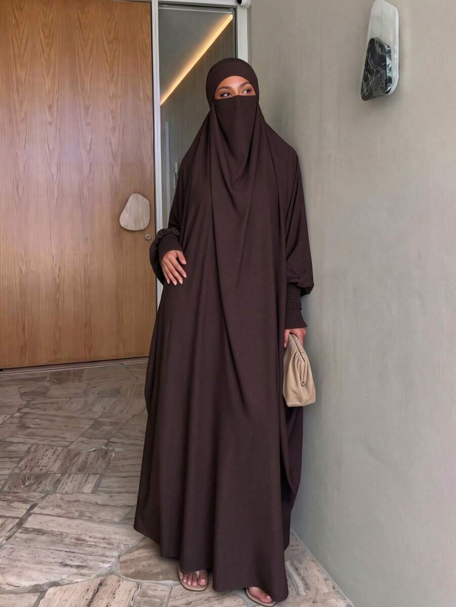1pc Women's Long Sleeve Abaya With Hood - Dark Brown - View 1