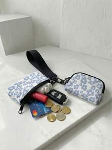 1pc Blue Flowers Print 2-In-1 Wristlet Coin Purse, Key & Earphone Pouch, Lipstick & Card Holder, For All-In-One Storage Of Small Miscellaneous Items - Multicolor - View 4
