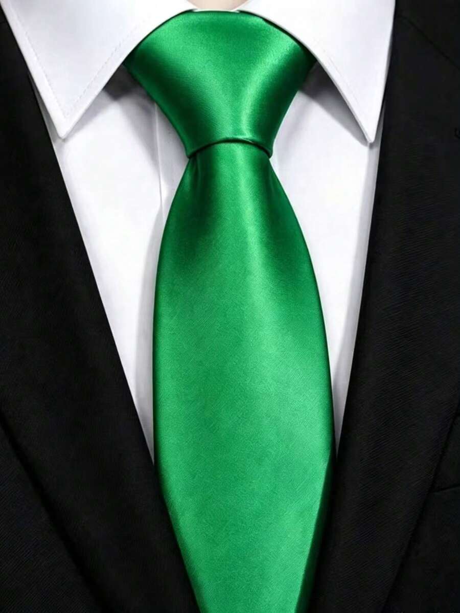 1pc Pure Green Satin Tie, Men's Solid Color Tie, Suitable For Business And Wedding - Green - View 1