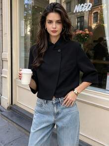 Seelio Spring/Summer New Arrival Women's Fashion Minimalist Versatile Short Sleeve Cropped Blazer Black - Black - View 2