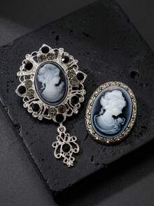 2PCS Gothic Victorian Cameo Brooch Pin Silver Filigree Black Rhinestone Pendant Dark Academia Whimsigoth Jewelry For Women - Black - View 4