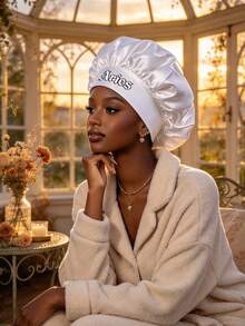 Women 12 Zodiac Signs Satin Hair Bonnet, Horoscope Letter Print Sleep Cap, Wide Elastic Band Silky Night Cap, Soft Satin Headwear For Hair Protection - White - View 7
