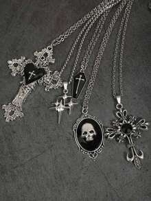 5pcs Vintage Gothic Style Rose, Heart, Cross, Skull, Gemstone, Coffin, Bat, Star Men's Necklace Set - Silver - View 5