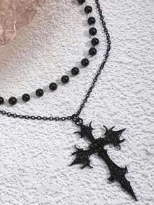 2pcs Vintage Gothic Black Beaded Cross & Flame Cross Necklace Set For Men - Black - View 5