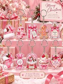 2D Flat -10pcs Flat Pink Christmas Acrylic Keychain, Cute Xmas Pink Santa Hat Christmas Tree Gift Box Gingerbread Man Pendant, Sweet Holiday Bag Charm - Multicolor - View 2