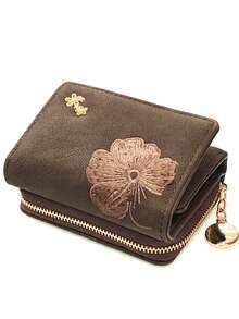 2026 New Upgraded Embroidered Clip Short Fold PU Wallet, Sweet Cute Fashionable Young Style, Zipper Large Capacity Card Holder Storage, Women's Small Wallet - Coffee Brown - View 1