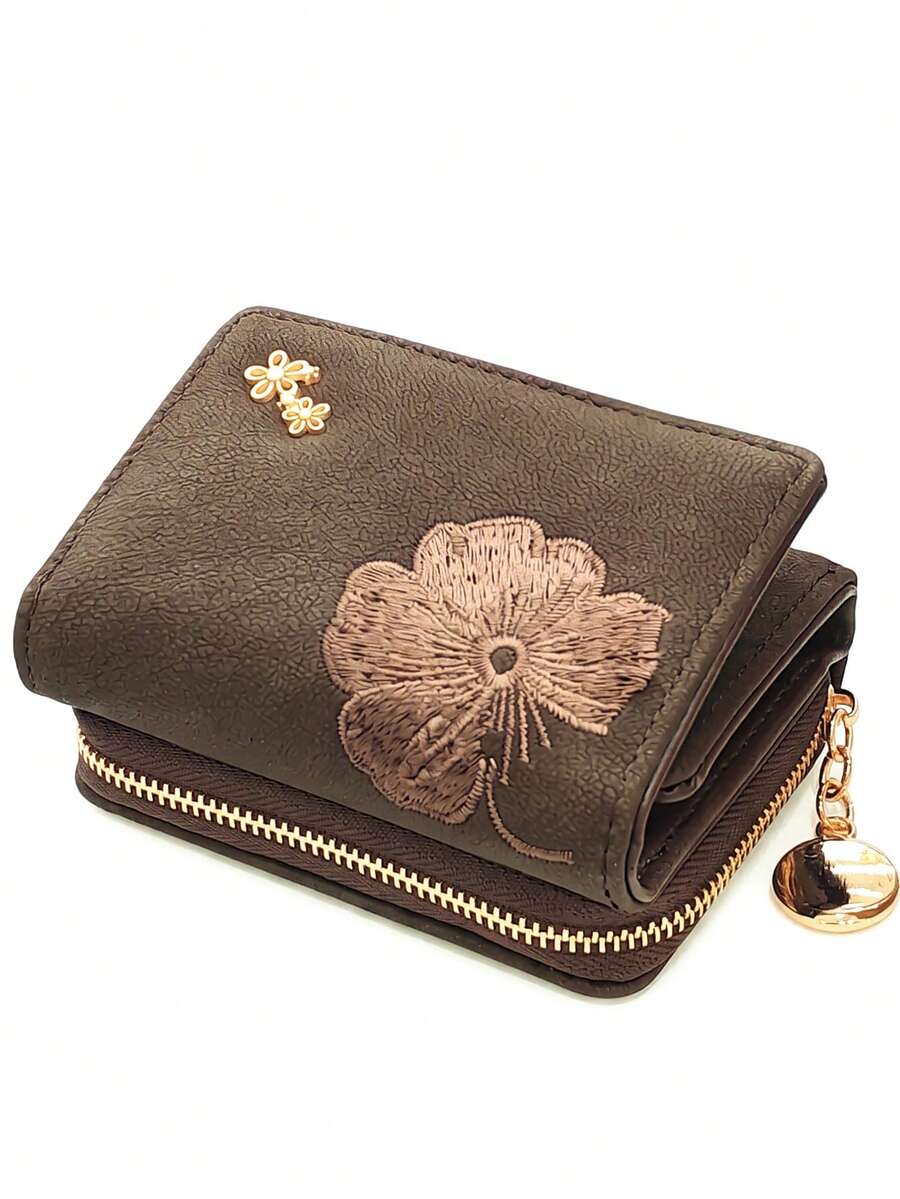 2026 New Upgraded Embroidered Clip Short Fold PU Wallet, Sweet Cute Fashionable Young Style, Zipper Large Capacity Card Holder Storage, Women's Small Wallet - Coffee Brown - View 1