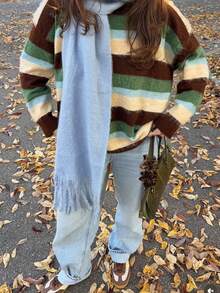 1pc Elegant Women's Knitted Scarf With Fringe - Comfortable, Windproof And Warm For Fall And Winter | Ideal Holiday Gift - Blue - View 3
